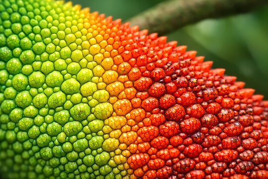 Bumpy skin gradient from green to red on a gac fruit macro shot. Perfect for healthy food packaging, exotic produce marketing, botany articles, and bright colored design assets.