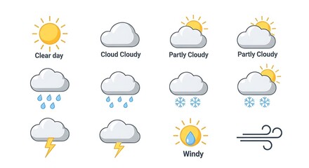 Weather icons set with different conditions and cloud types © Usama