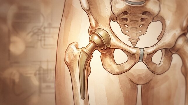 Detailed medical illustration of hip replacement implant in human pelvis anatomy