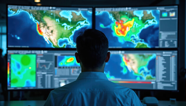 Meteorologist studies complex weather patterns on large screens showing maps, data. Scientist analyzes atmospheric conditions for storm tracking, climate research. Future forecasting tech in control