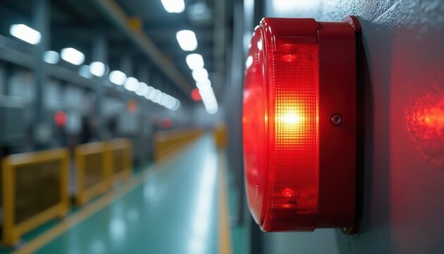 Red alarm siren light glows on factory wall. Safety warning device flashes warning in industrial building. Emergency alert signal indicates danger. Fire evacuation system signals danger.