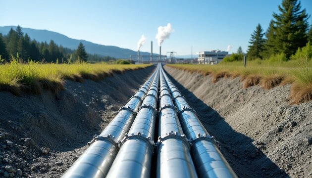 Metal pipes run underground toward industrial buildings with steam vents. Scene shows geothermal energy plant with power generation equipment for sustainable heat. Resource infrastructure operates