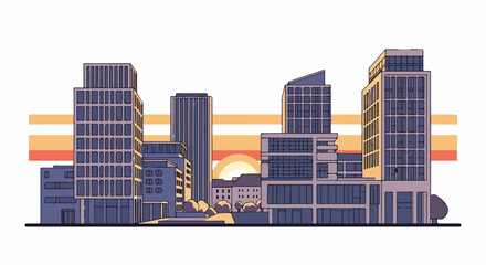 Fototapeta premium Stylized city skyline with abstract sunset in warm hues behind buildings