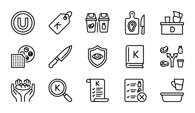 Kosher Food Icons Set, Dietary Symbols, Kitchen & Food Preparation Vector Graphics