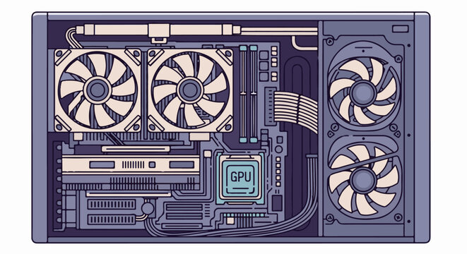 Stylized illustration of an open computer tower's internal components