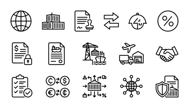 Logistics and Shipping Icons: Global Trade, Delivery, and Contracts Vector Set