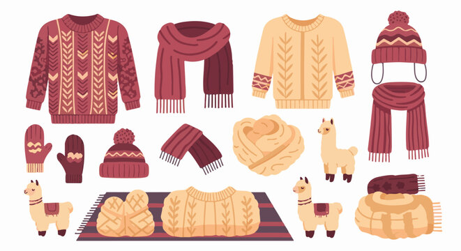 Collection of cozy knitted winter apparel and charming llamas in warm hues