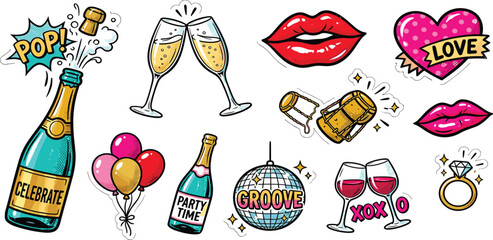 Pop Art Party Illustration Set with Retro Champagne Bottle Wine Glasses Disco Ball Red Lips and Love Heart Symbols for Celebration Birthday and Nightclub Event Backgrounds © Ruma