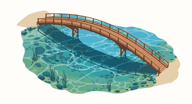Wooden bridge arches over clear, rippling water, casting a shadow