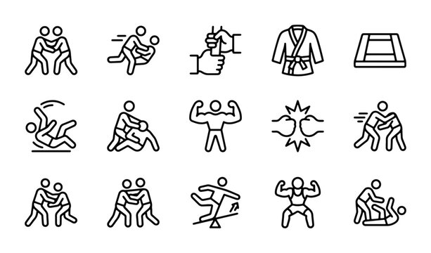 Wrestling Icons Set, Combat Sports Graphics, Martial Arts Vector Collection, Athletic Competition Symbols