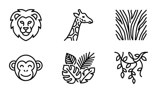 Safari Animal Icons, Jungle Leaves, and Nature Textures, Vector Line Art Set