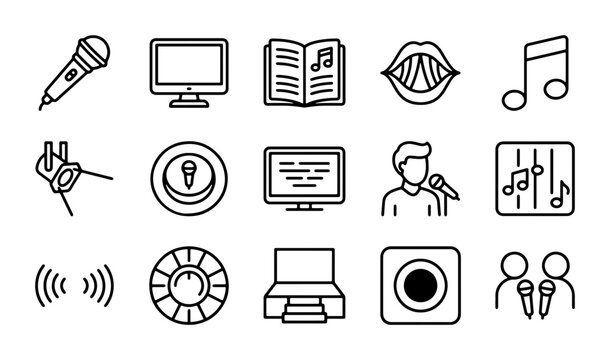 Music Icons Set, Audio Symbols Collection, Vocal Performance Graphics, Sound Equipment Vector