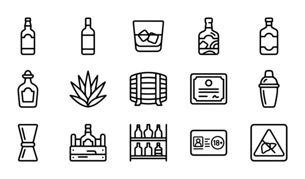 Alcohol Icons Vector Set: Bottles, Barware, Spirits, and Age Verification Graphics
