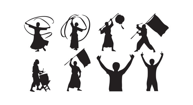 Performers and cheering crowd silhouettes collection featuring dancers flag bearers and happy fans isolated white.