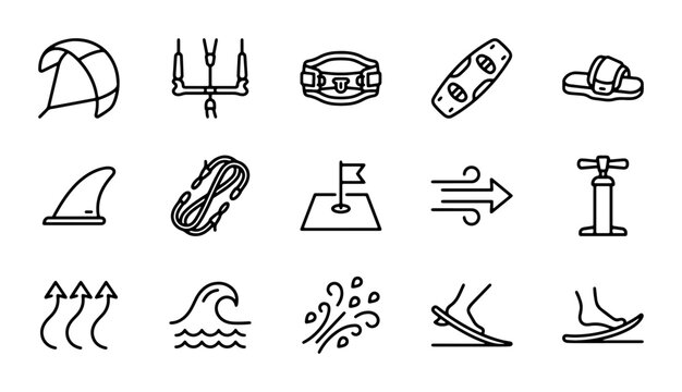 Kitesurfing Icons Set: Kite, Board, Harness, Wind, Waves, Vector Graphics for Extreme Sports