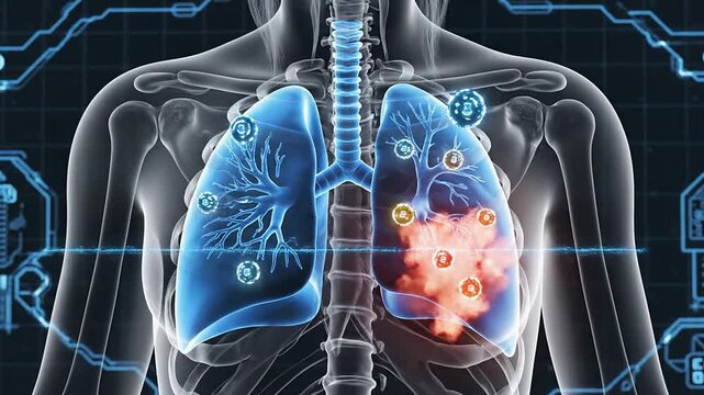Detailed 3D Illustration of Human Lungs with Digital Overlay Showcasing Anatomic Features for Medical and Health Projects in Modern Healthcare Visualization