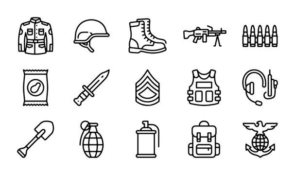 Military Icons Set: Soldier Gear, Weaponry, and Equipment Vector Graphics