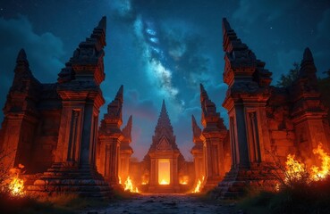 Obraz premium Ancient stone temple ruins ablaze under a starry night sky. Flames engulf the structure creating a mystical scene of destruction and heritage. The sky displays the Milky Way galaxy.