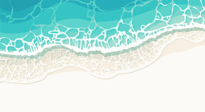 Aerial view of turquoise ocean waves gently lapping onto a white sandy beach