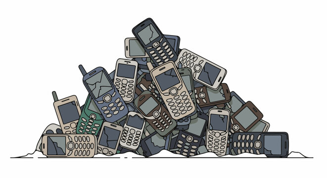 Pile of old broken mobile phones