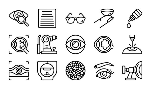 Ophthalmology Icons Set: Eye Care, Vision Health, Optometry Equipment, Medical Diagnostics, Eyeglasses