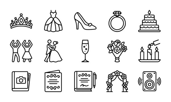 Wedding Icons Vector Set: Bride, Groom, Cake, Rings, Celebration Elements