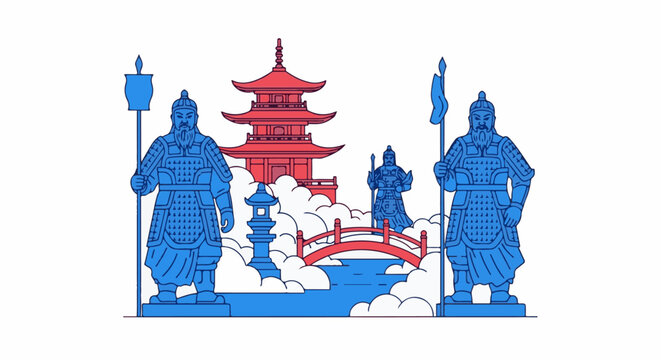 Two blue warrior statues flank a pagoda, bridge, and water scene