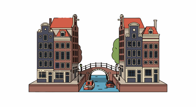 Two rows of quaint buildings flank a canal with boats and a bridge