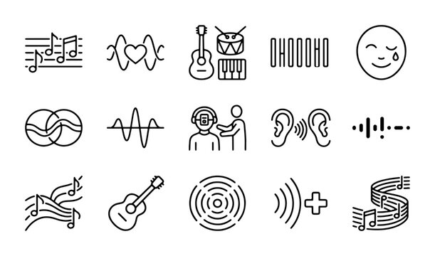 Music and Sound Icons: Audio Waveform, Notes, Instruments, Ears, Emotions, and More