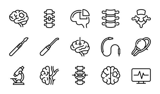 Medical Icons: Brain, Spine, Surgery Tools, Microscope, Monitor, Vector Set