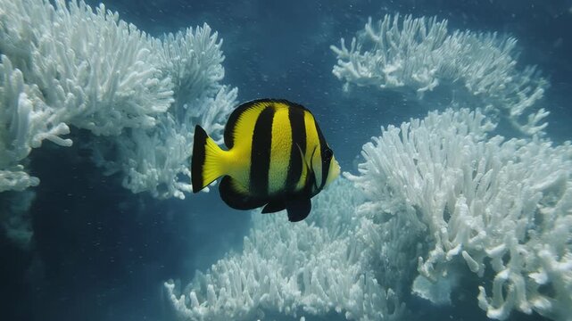 A single butterflyfish gracefully navigates a labyrinth of bleached white coral, showcasing the fragile beauty of a changing marine ecosystem under threat from climate change and bleaching events.