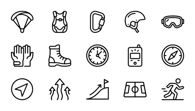 Outdoor Adventure Icons Set: Parachute, Backpack, Carabiner, Helmet, Goggles, Gloves, Boots, Compass, GPS
