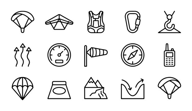Paragliding and Adventure Sports Icons, Vector Set for Extreme Activities, Outdoor Recreation