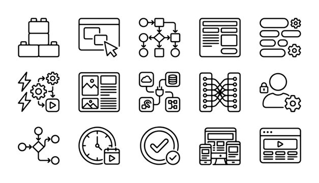 Business Process Flowchart Icons Set, Workflow Diagram Elements, Project Management Symbols, UI UX Design Icons