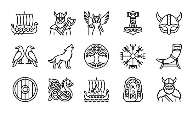 Viking Icons Set: Norse Mythology Symbols, Warrior, Ship, Wolf, Tree of Life, Thor's Hammer