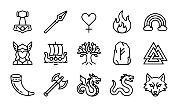 Norse Mythology Icons: Viking Symbols, Ancient Runes, Mythical Creatures, and Symbols