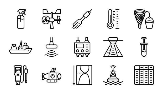 Marine Science Icons: Oceanography, Meteorology, Navigation, Research Equipment Set