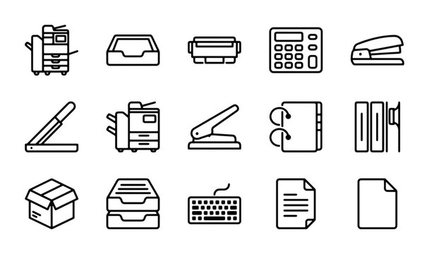 Office Supplies Icons Set, Business Equipment Vector Graphics, Stationery and Technology Elements