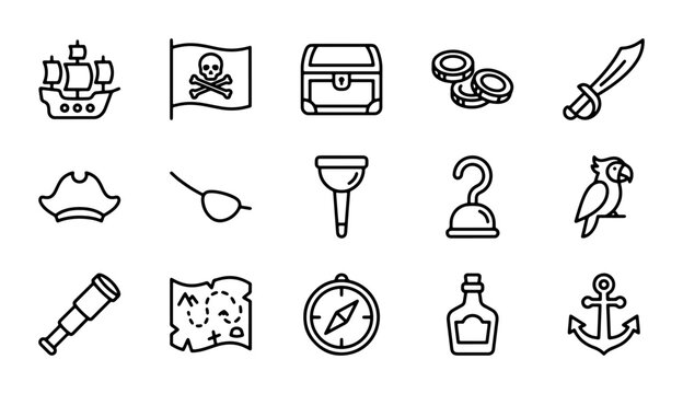 Pirate Icons Set: Ship, Treasure Chest, Skull Flag, Compass, Map, Spyglass, Cutlass, Parrot, Anchor