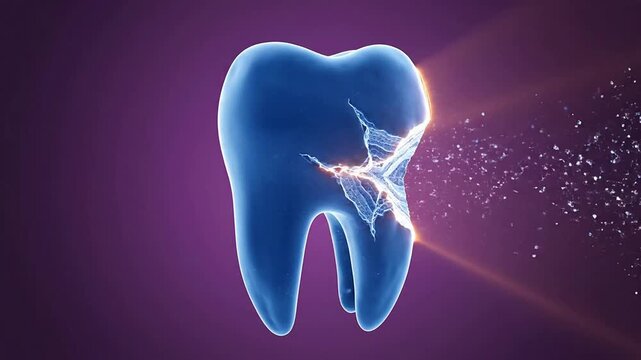 Dynamic 3D Blue Tooth Graphic Illustrating Dental Fracture Effects with Sparkling Particles on Vibrant Purple Background for Health and Beauty Concepts