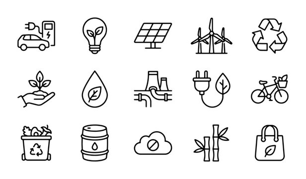 Eco-Friendly Icons: Renewable Energy, Sustainability, Green Technology, Clean Environment Vector Set