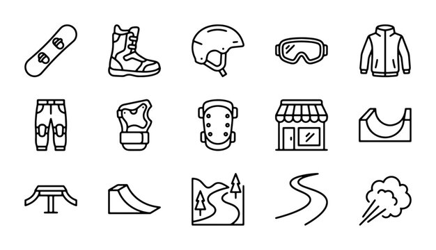 Winter Sports Icons Set: Snowboard, Ski Gear, Apparel, Park Elements, and Landscape Graphics