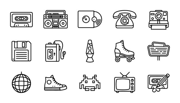 Retro 80s Icons Set: Cassette Tape, Boombox, Vinyl Record, Rotary Phone, Polaroid Camera, Floppy Disk, Walkman, Lava Lamp, Roller Skates, Sign, Disco Ball, Sneakers, Alien, TV, Cassette Tape Art