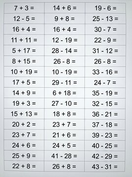 A detailed close-up shot of a grid-based mathematics worksheet featuring numerous basic addition and subtraction problems for educational practice and learning development