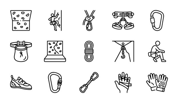 Climbing Gear Icons Set, Rock Climbing Equipment Vector Graphics, Outdoor Adventure Sports Equipment