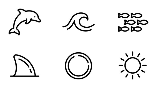 Ocean Life Icons: Dolphin, Wave, Fish School, Shark Fin, Sun, Circle Vector Set