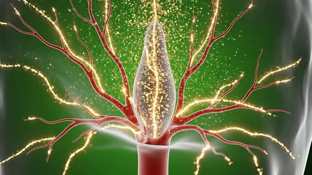 Glowing 3D Visualization of Plant Root System with Vibrant Extensions on Green Background