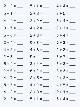 Simple addition mathematics worksheet featuring rows of basic arithmetic equations for elementary school students and home learning practice exercises
