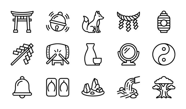 Japanese Culture Icons Set: Torii Gate, Fox, Sake, Bell, Lantern, Yin Yang, Tradition