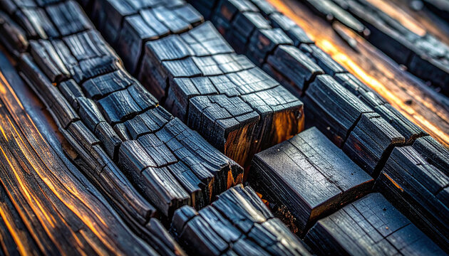 Dramatic macro shot of charred wood showcasing deep black cracked textures and glowing amber undertones. A powerful abstract background representing resilience and transformation.